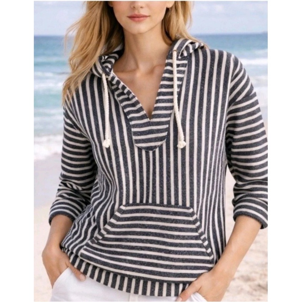 J.Crew Navy Blue Striped Baja Pullover Hoodie Women Medium Nautical Beachy Coat